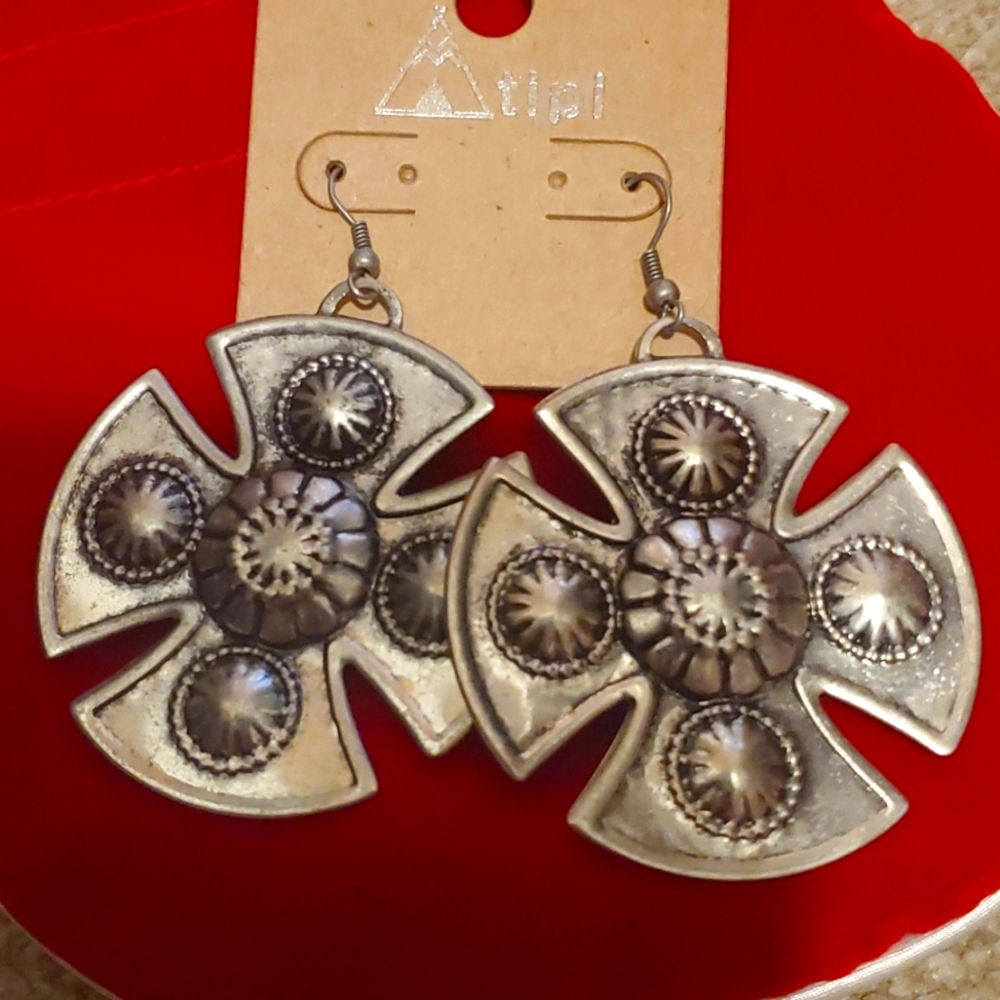 Silver Tone Cross Earrings